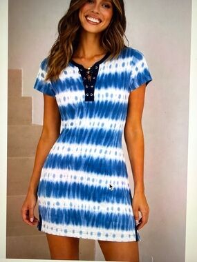 Chaps Blue and White Tie-Dye Lace-Up Dress
